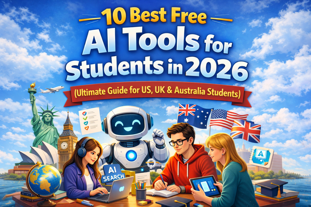 Illustration of students using AI tools for studying in 2026 with robot assistant representing best free AI tools for students in US, UK and Australia - ClarityKnow.com