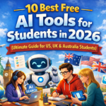 Illustration of students using AI tools for studying in 2026 with robot assistant representing best free AI tools for students in US, UK and Australia - ClarityKnow.com