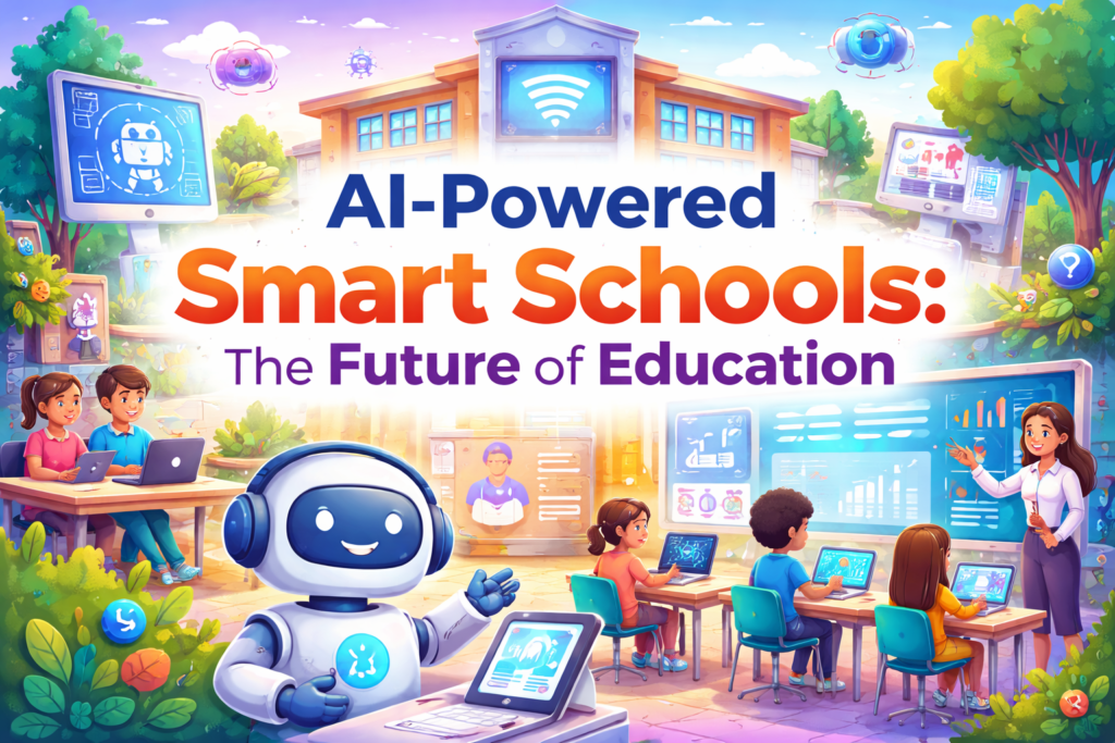Illustration of AI-powered smart classroom with robot assistant, digital boards, and students learning with advanced technology
