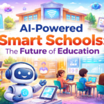 Illustration of AI-powered smart classroom with robot assistant, digital boards, and students learning with advanced technology
