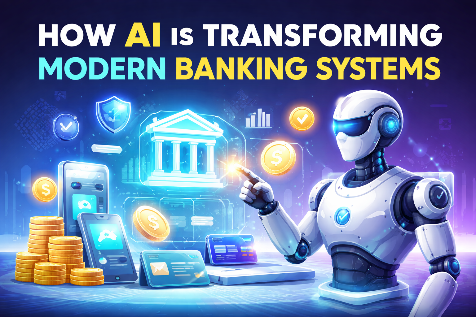 AI transforming modern banking systems with digital banking, automation, and financial technology illustration