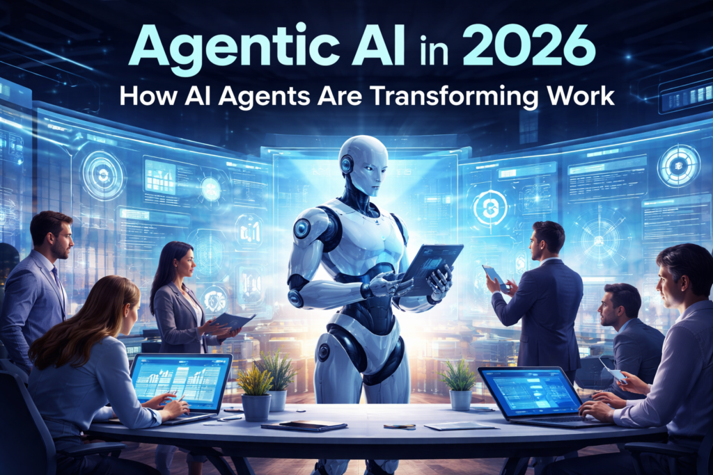 Agentic AI robot collaborating with professionals in a futuristic office representing the future of work in 2026