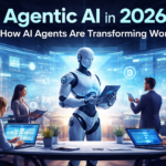 Agentic AI robot collaborating with professionals in a futuristic office representing the future of work in 2026